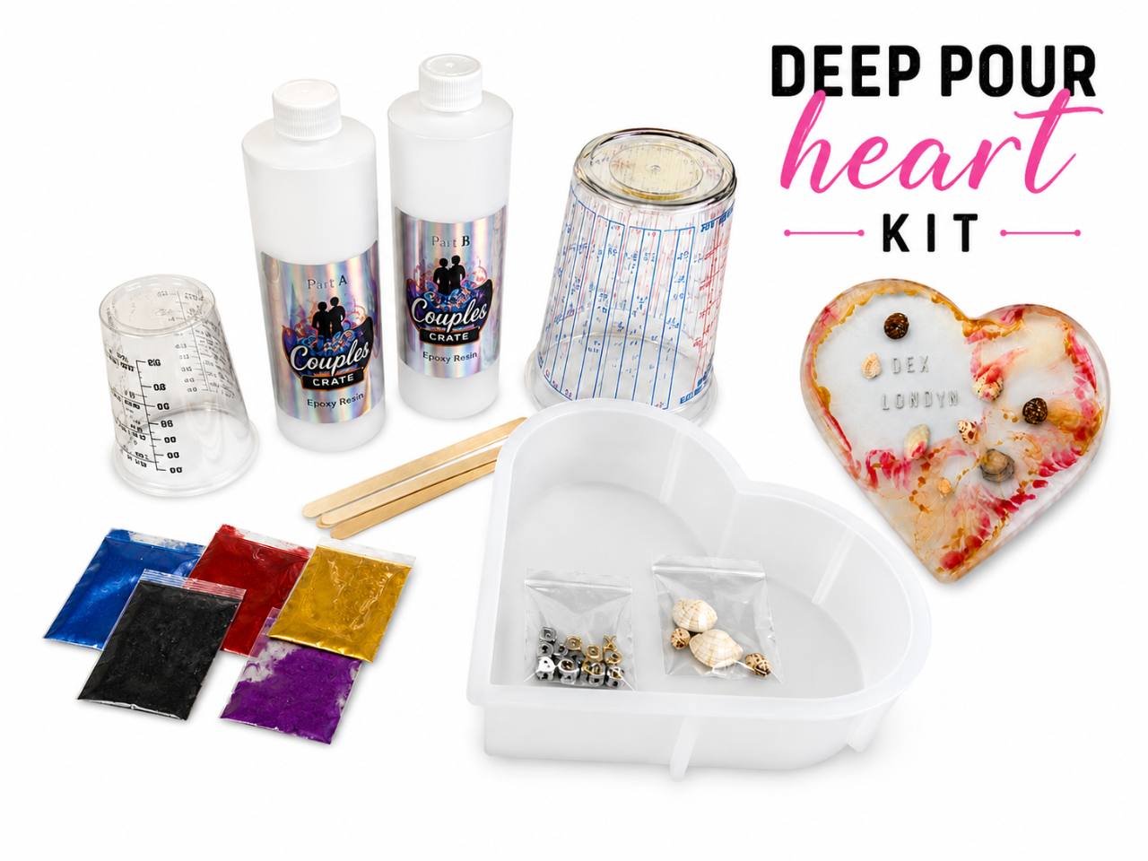 Deep Pour Heart Kit contents: resin, pigments, deep heart mold, letters, shells, and mixing tools