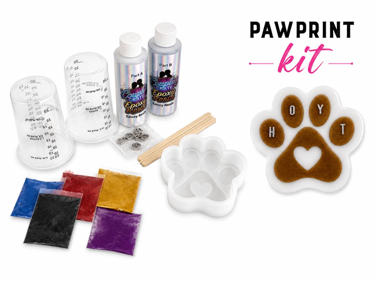 Paw Print Kit contents: resin, five pigments, paw mold, letters, cups, and mixing tools